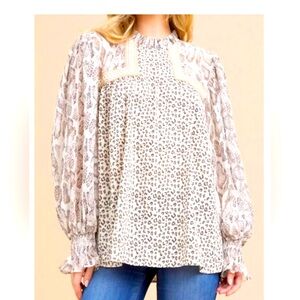 JODIL Animal Print/Embroidered Blouse. Small. Cream/Brown. NWT